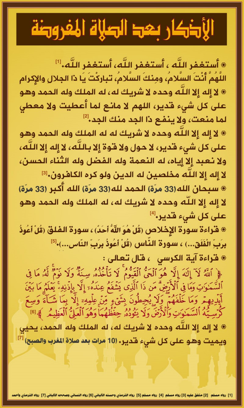لوحة الأذكار بعد الصلاة المفروضة