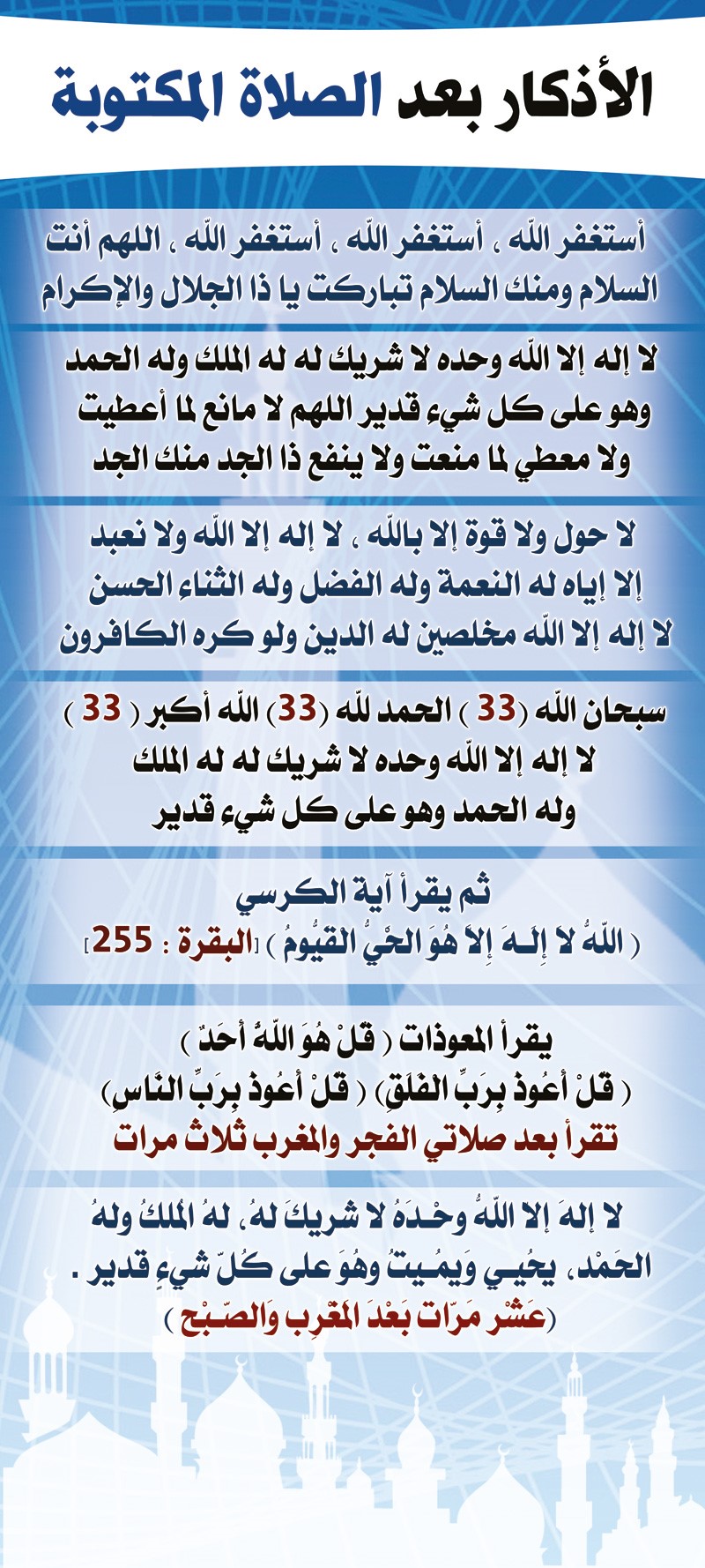 لوحة الأذكار بعد الصلاة المكتوبة